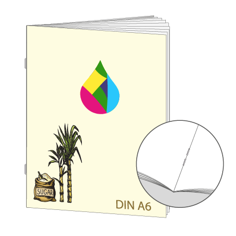 Broschüre aus Zuckerrohrpapier | DIN A6 32-Seiter | bedruckt